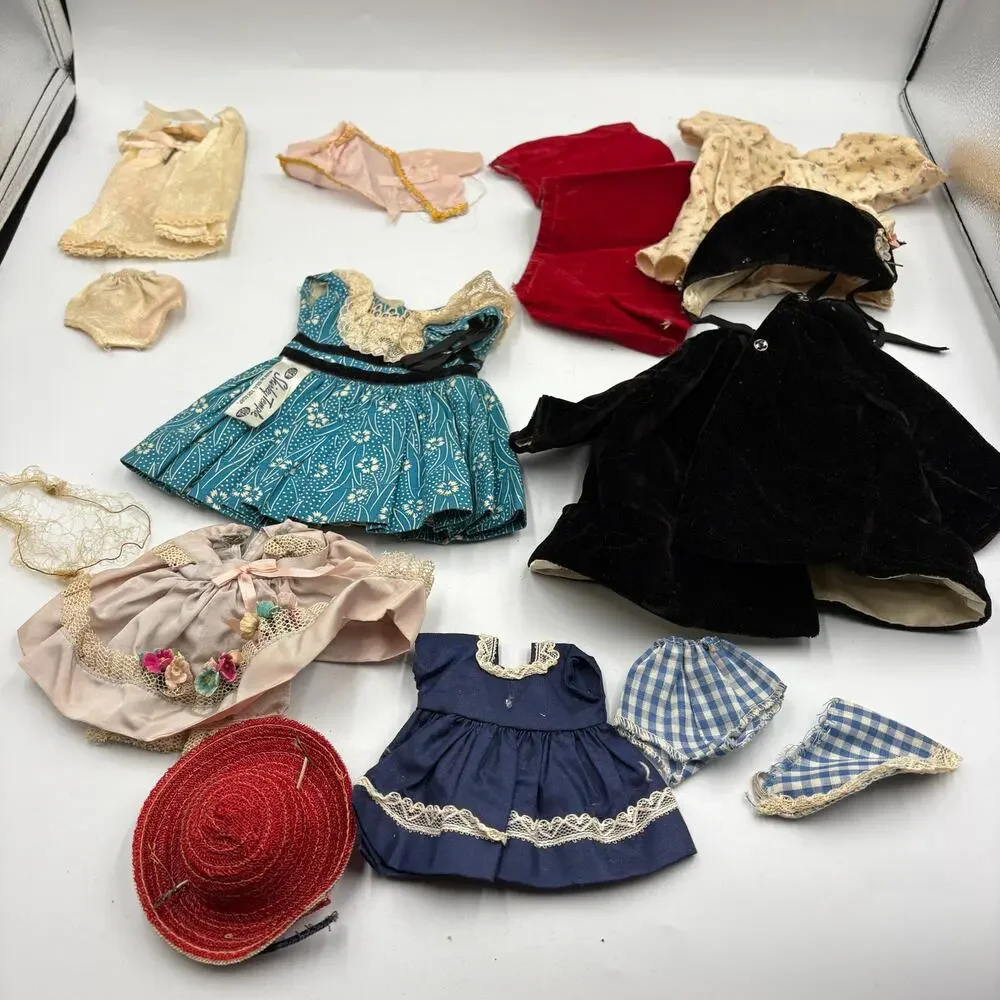Vintage Mixed Doll Clothes Lot Velvet Jacket Hat Dress Dotted Shirley Temple